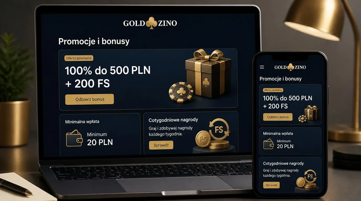 Ekran promocji kasyna z bonusem powitalnym, darmowymi spinami i minimalną wpłatą 20 PLN