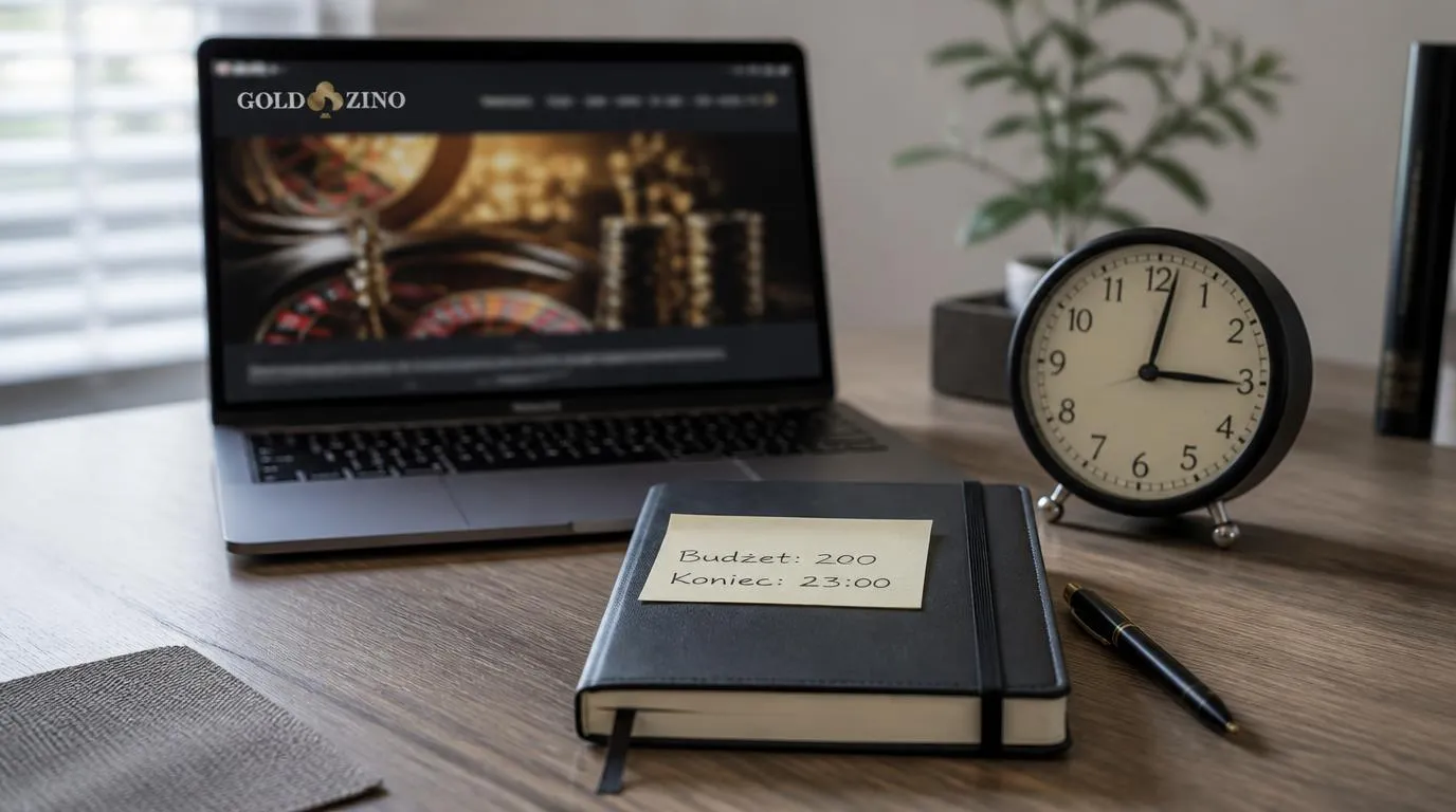 Zegar i notes z zapisanym budżetem obok laptopa jako przypomnienie o granicach gry