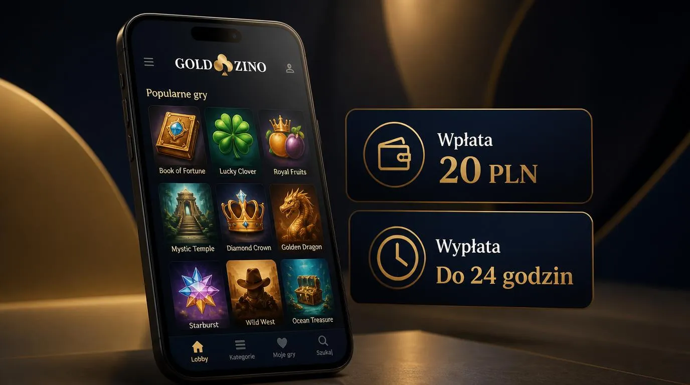 Telefon z widokiem gier kasynowych oraz oznaczeniami wpłaty 20 PLN i wypłaty Do 24 godzin
